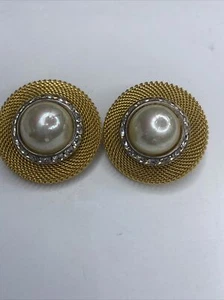 Orecchini grandi oro clip on dichiarazione 1 1/4" perle ovali strass vintage anni 80 - Foto 1 di 5