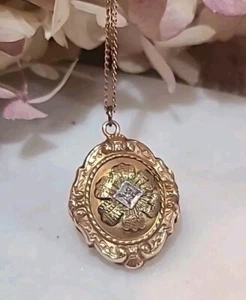 Antique Victorian 10k Yellow Gold Diamond Floral Locket Pendant & Chain - Picture 1 of 11