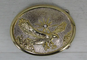 Vintage Belt Buckle Goldtone Flying Eagle with Sunburst/Star & Rhinestone - Picture 1 of 9