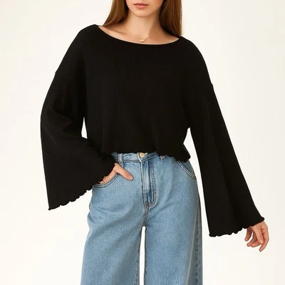 Project Social T Sweater XS Black Bell Sleeve Oversized Whimsigoth Boho Flowy - Image 1 of 4