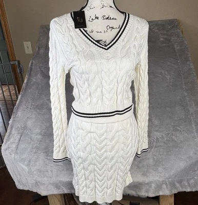 Conjunto de suéter y falda SINCERELY JULES para mujer M/L cuello en V blanco cable de tenis nuevo Foto 1 de 4