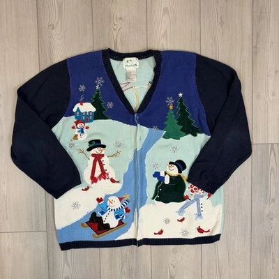 Vintage Quacker Factory Holiday Winter Sweater Knit Cardigan Snowman Size 1X - Image 1 of 4