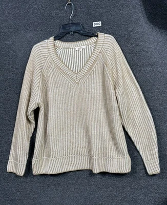 ee: some Waffle Knit Sweater Womens Size S/M Tan Beige V-Neck Long Sleeves - Image 1 of 4