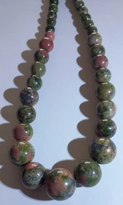 UNAKITE & STERLING SILVER GRADUATED BEAD NECKLACE ~ UNWORN IN JEWELLERY BAG - Picture 1 of 9