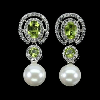 925 Sterling Silver Earrings Oval Peridot 7x5mm Mother Of Pearl Gemstone Jewelry - Image 1 of 4