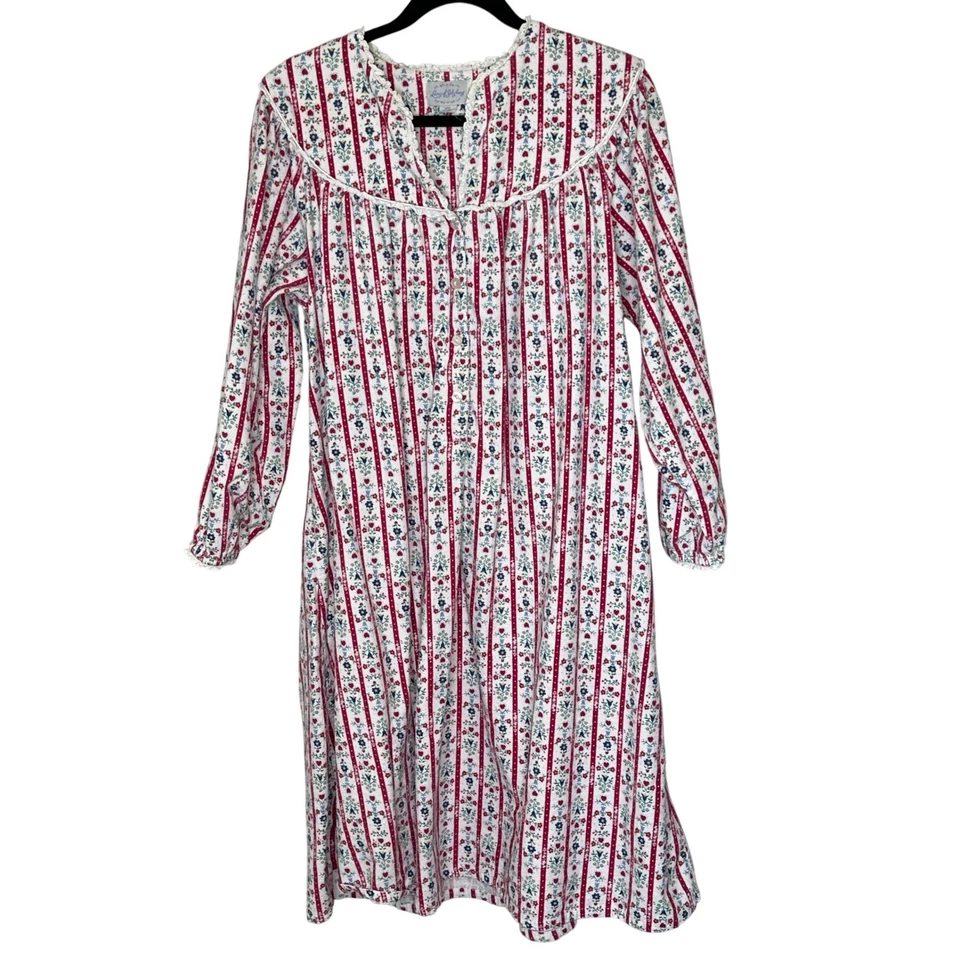Lanz of Salzburg Nightgown Medium Long Sleeve Floral Striped Cotton White Red - Image 1 of 4