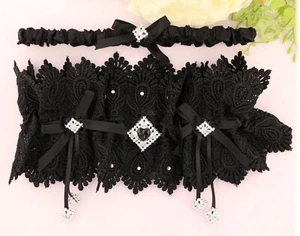 Captivating Wedding Guipure Black Lace Garter Set Handmade - Picture 1 of 8