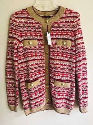 Новый с Ярлыками Ann Taylor красный белый желтовато-коричневый LS золотой кнопка кардиган коренастый вязаный хлопок свитер - Изображение 1 из 4