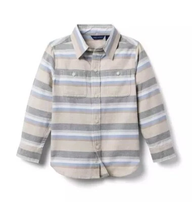 NWT Boys Janie & Jack Land of Snow Sandy Beige Stripe Button Up Cotton Shirt 14 - Image 1 of 2