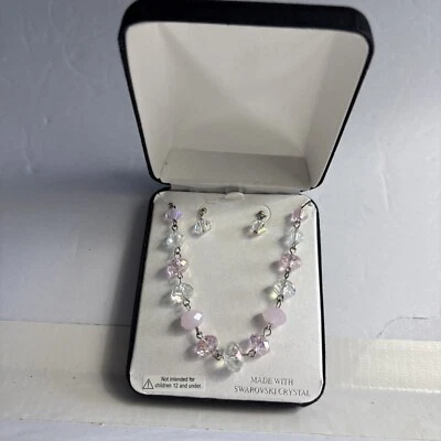 Nuevo Auténtico Conjunto de Collar y Pendientes Perforados Cristal Swarovski Rosa y Blanco Foto 1 de 4