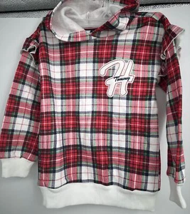 Tommy Hilfiger Girl's Hoodie Pullover Ruffle Plaid Fleece Lined Top Size 5 - Picture 1 of 4