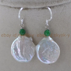4mm Green Jade 13-14mm White Freshwater Coin Pearl Dangle Silver Hook Earrings - Picture 1 of 3
