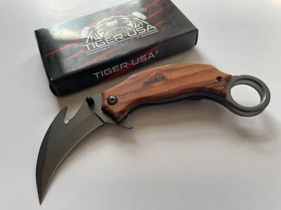 Faca de bolso dobrável Tiger-EUA 7" madeira rosa lâmina Karambit gancho intestinal SJ-1032-A - Imagem 1 de 2