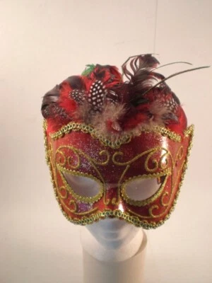 Venetian Carnival Red Female Mask w/ feathers Commedia dell'Arte Forum 56277 - Image 1 of 2