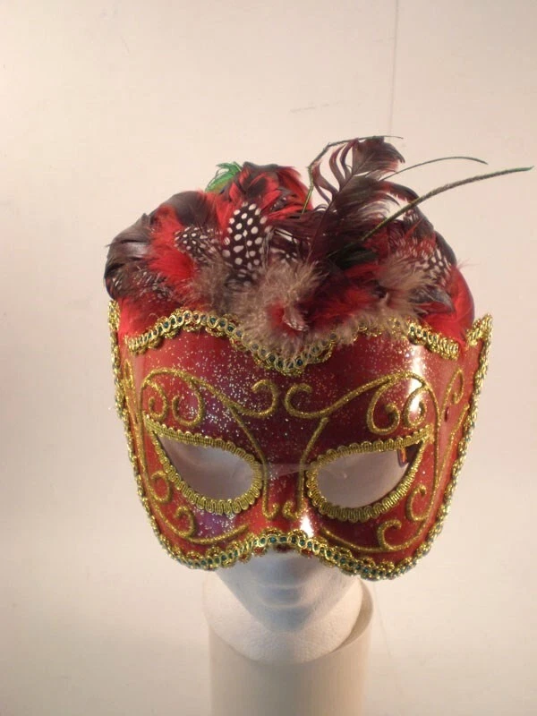 Venetian Carnival Red Female Mask w/ feathers Commedia dell'Arte Forum 56277 - Image 1 of 2