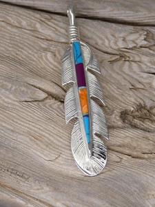 Southwest Handmade Feather Sterling Silver Multi Gemstone Pendant XL Size NEW - Picture 1 of 8