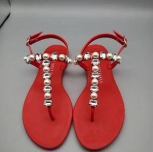 Stuart Weitzman Thong Sandals Goldie Red Embellished Flats Jelly PVC Size 6 New - Picture 1 of 7