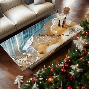 Unique Ocean Wave Epoxy Resin Dining Tabletop Acacia Wood Live Edge Countertop - Picture 1 of 12