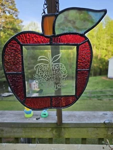 Stained Glass Suncatcher Picture Handmade Red Glass Apple Teacher Etched Bevel  - Picture 1 of 6