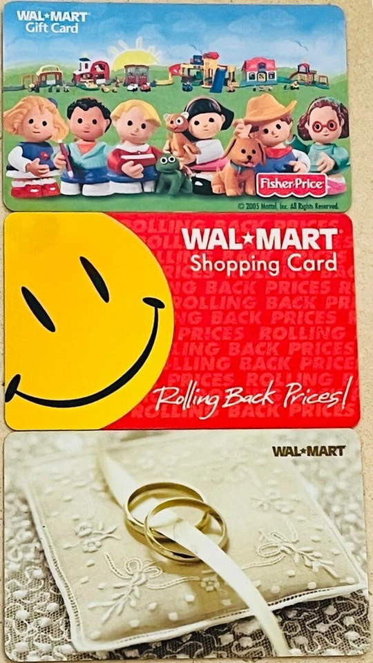3 WALMART Gift Cards Fisher Price, Smiley Face & Love Collectible No Cash Value - Image 1 of 2