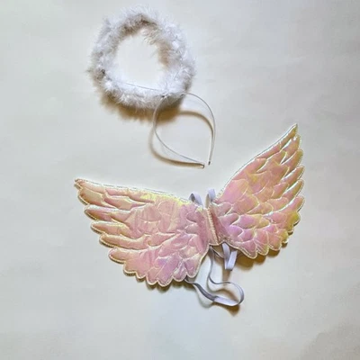 Angel Costume Set White Iridescent Wings Fluffy Halo Headband Small - Image 1 of 2