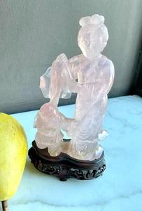 Vintage Rose Quartz Mother and Child Sculpture on a carved Wood Base - Picture 1 of 10