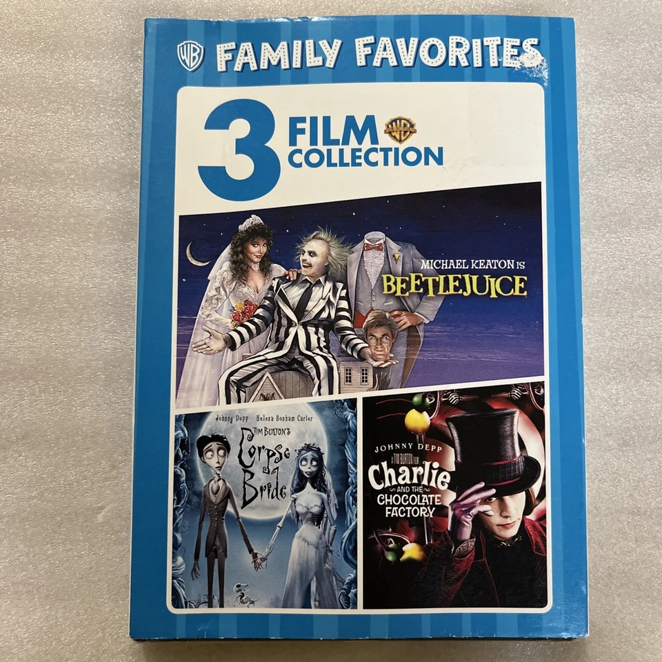 3 Film DVD Collection Beetlejuice Charlie and The Chocolate Factory Corpse Bride