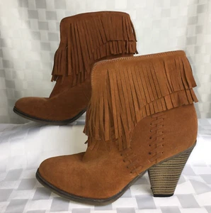 Natural Breeze Womens 1/2 Boot Suede Double Fringe Rusty-Brown Block Heel Size 8 - Picture 1 of 13
