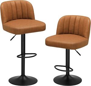 Brown Leather Bar Stools Set of 2 Adjustable Swivel Bar Chairs Capacity 400lbs