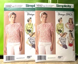 Simplicity Vintage 1940s Blouse Sewing Pattern #1692 2 Packs Size 6 to 22 UnCut - Picture 1 of 9