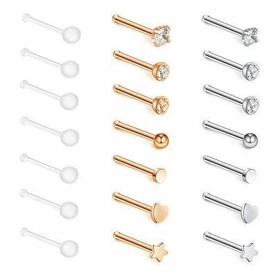 21 pcs Stainless Steel Nose Lip Ring Stud CZ Acrylic 20G Piercing Jewelry Set - Image 1 of 4