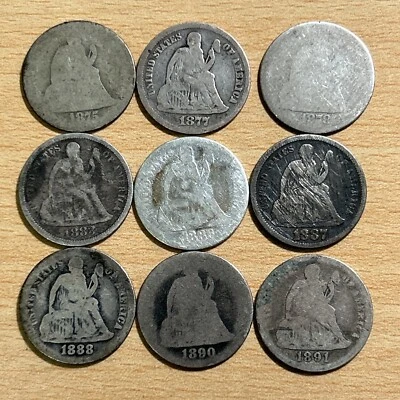 9 Seated Liberty Dimes 1875, 1877, 1878, 1883, 1886, 1887, 1888, 1890, 1891-s - Image 1 of 2
