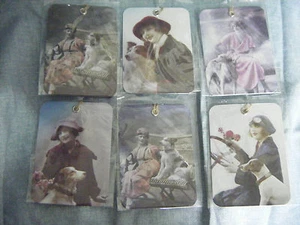 Dog Gift Tags Vintage Edwardian Style Ladies with Dogs Set of 6 - Picture 1 of 2