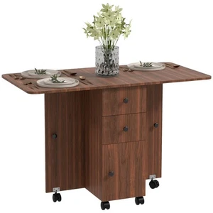 HOMCOM Folding Dining Table, Drop Leaf Table With Drawers Distressed Brown - Picture 1 of 11