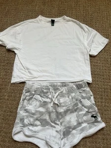 Abercrombie Kids Camo Gray Drawstring Logo Sweat Shorts Girl’s 11/12 & Boxy Top - Picture 1 of 4