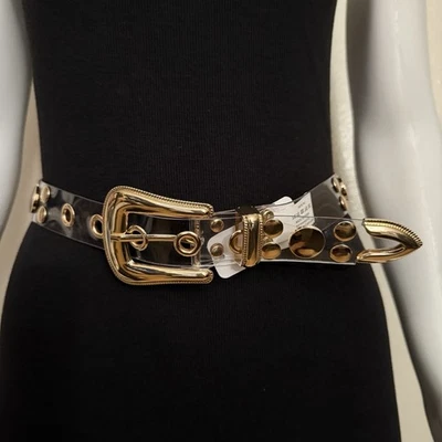 Cinturón ajustado tachonado plástico transparente con hebilla tono dorado Foto 1 de 4
