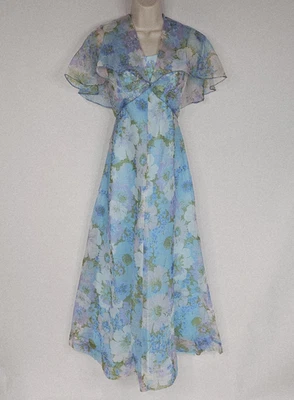 Vintage 70s Ball Gown Dress Shrug Blue Green Floral Halter Chiffon Lined Size 5 - Image 1 of 4