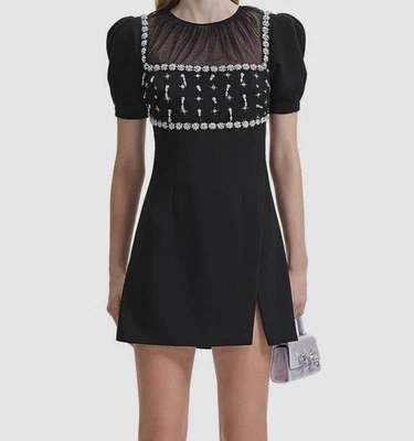 Mini vestido para mujer autorretrato negro adornado manga abullonada talla 12 Foto 1 de 3