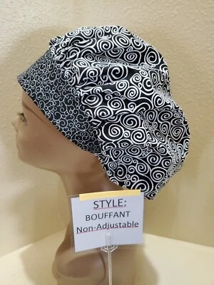 Scrolls Black Women's Bouffant Surgical Scrub Hat/Cap Handmade - Image 1 of 4