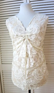 Venezia Ivory Stretch Lace 14/16 V-Neck Sleeveless Lined Floral Top Nylon Blend - Picture 1 of 7