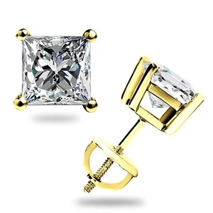 1.60 Ct Princess Cut Moissanite Stud Earrings Solid 14K Yellow Gold ScrewBk Gift - Picture 1 of 9