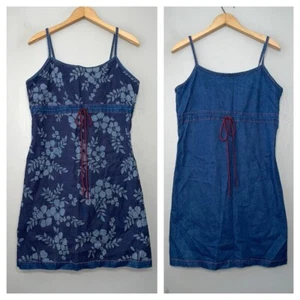 Y2K Size S M Reversible Floral Blue Jean Denim Mini Babydoll Jumper Dress - Picture 1 of 9