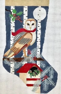 Needlepoint Handpainted Christmas Stocking Melissa Prince Owl 19" - Picture 1 of 4