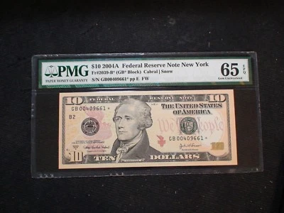 2004 A TEN DOLLAR FEDERAL RESERVE STAR NOTE PMG GEM UNC 65 EPQ NEW YORK $10 BILL - Image 1 of 4