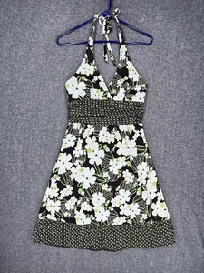 Y2K B Darlin Halter Sundress Cotton A-Line Lined Green Brown Floral Size 9/10 - Picture 1 of 9