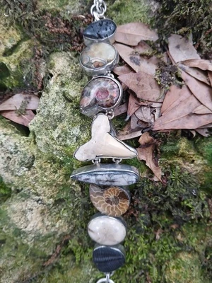 Sterling Silver Shark Tooth Trilobite Ammonite Tektite Orthoceras Bracelet - Image 1 of 4