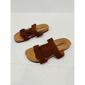 Minnetonka Women's 7 Leather Boho Brown Suede Fringe Slides Sandals - Picture 1 of 5