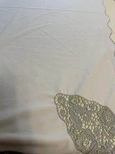 Vintage Ivory Linen Tablecloth – 56” x 78” – Hand-Crocheted Cutwork Lace Insets - Picture 1 of 3