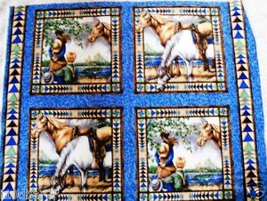 Pferdestoff Panel 4 Kissen Pferde POINT OF VIEW Stoff Little BOY BTY NEU - Bild 1 von 3