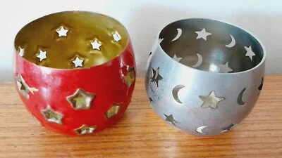 Pair Red Brass/Silver Metal Candle Light-Transparent Stars/Moon.H-7/6.5cm/W-150g - Image 1 of 4